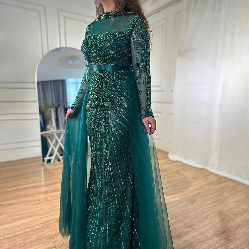 Zapdress Customized Nude Long Sleeves Beaded Mermaid Dubai Evening Dresses 2025 Muslim Party Gowns for Veiled Women (ZD17327)