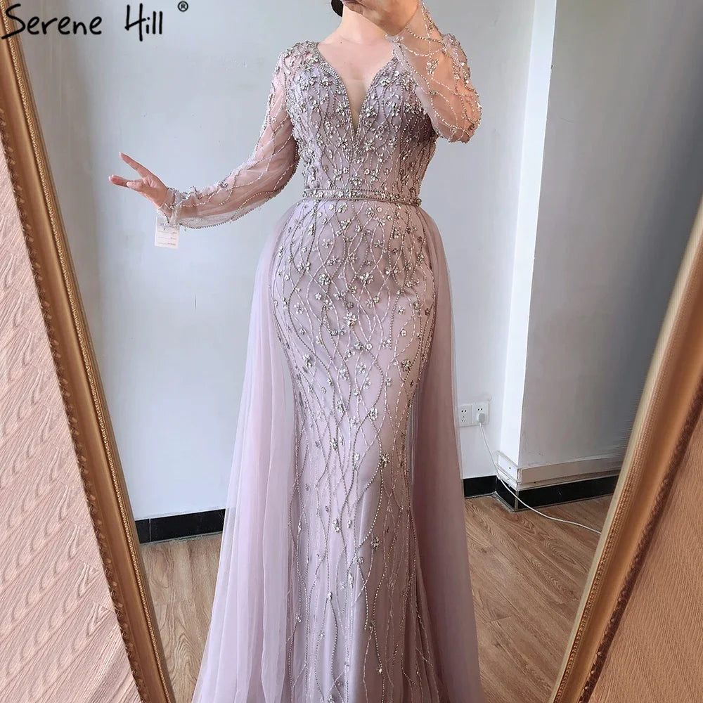 Zapdress Lilac V-Neck Long Sleeves Mermaid Beaded Evening Dress Detachable Overskirt Party Gown for Women (ZD17366)