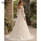Vintage Square Neck Puff Long Sleeve Boho Wedding Dress Lace Applique Tulle A Line Bridal Gowns Tiered Wedding Gowns Customized