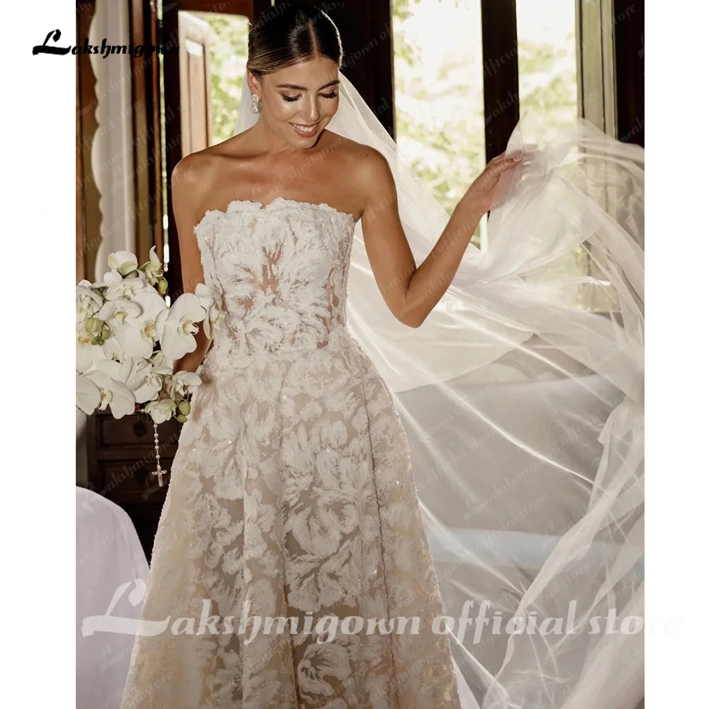 ZapDress Full Lace Strapless Wedding Dress Featuring Stunning Lace Appliques and Floral A-Line Bridal Dress Customized