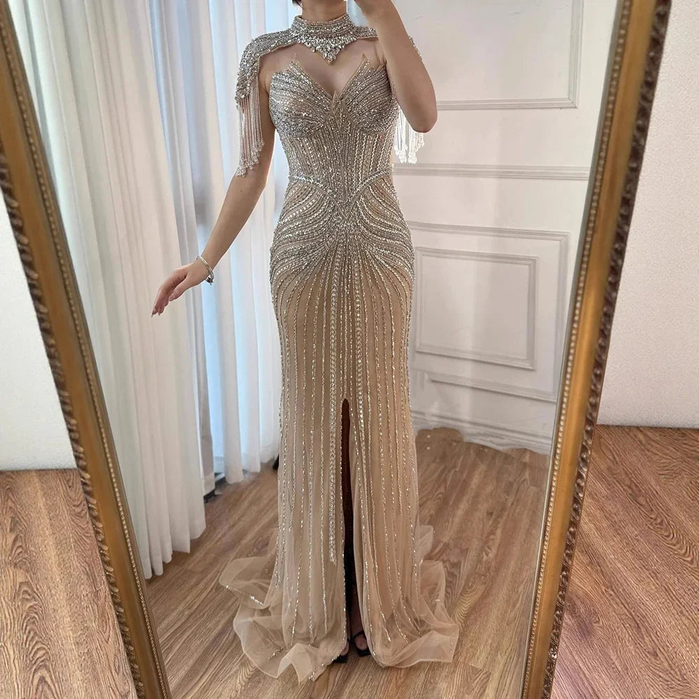 Zapdress Pink Beaded Tassel Mermaid Evening Dress with Split Formal Party Gowns for Women 2026 DLA72891A Customized (ZD17360)