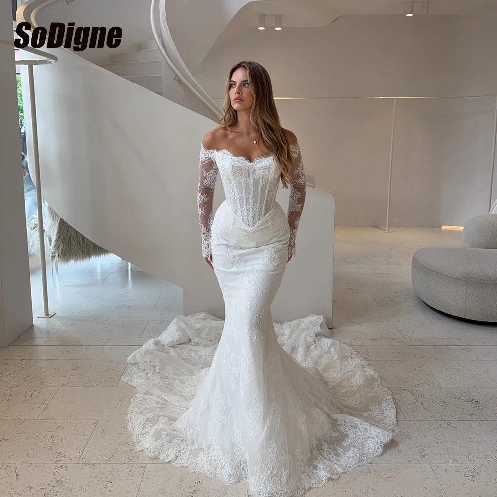 SoDigne Mermaid Lace Wedding Dress Off Shoulder Long Sleeves Bride Dresses Long Bridal Gowns Vestidos De Novia Customized