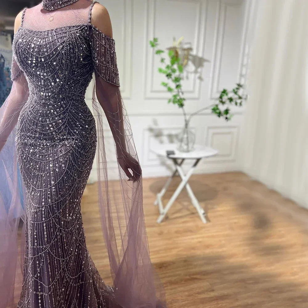 Zapdress Dubai Purple Mermaid Cape Sleeves Beaded Long Evening Dress 2025 For Formal Occasion DLA71992 Customized (ZD17372)