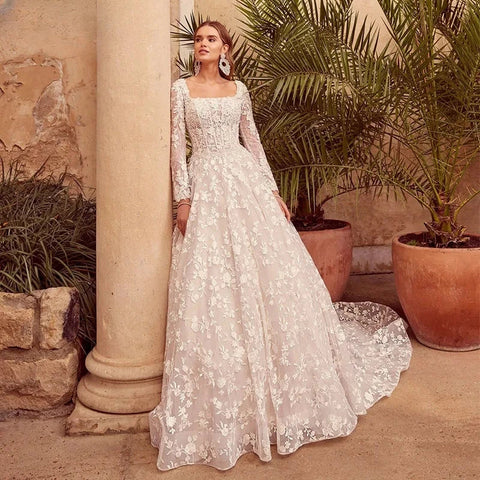 Square Collar A-line Wedding Dress Lace Appliques Long Sleeves Court Train vestidos de novia