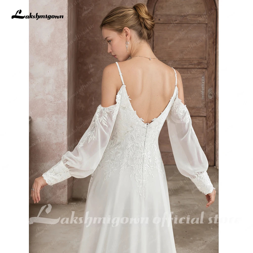 ZapDress Illusion Off White Wedding Dress Off Shoulder Long Sleeve Bridal Gown for Women Summer Vestido De Novia Customized
