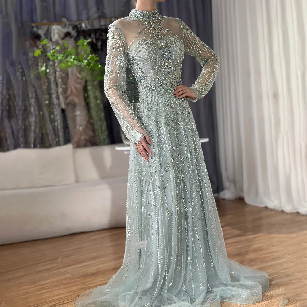 Serene Hill Caramel A-Line Long Sleeves Muslim Evening Gowns Luxury Beaded Party Dress for Women 2025 Customized DLA72704