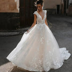 Deep V-neck Wedding Dresses Sexy Open Back Vestidos De Novia Cap Sleeve Appliques Vestido De Noiva by payinti