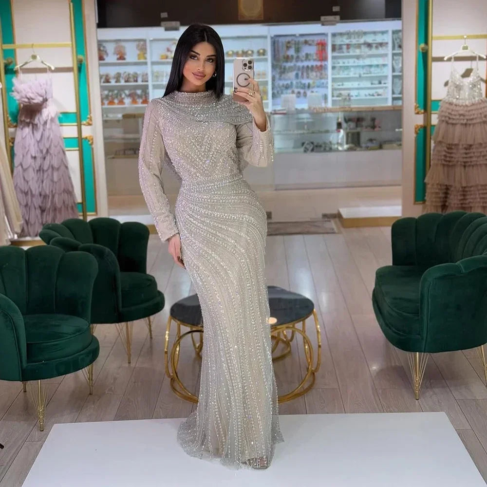 Zapdress 2025 Muslim-inspired Silver Nude Beaded Sparkle Elegant Mermaid Evening Dresses Gowns for Party DLA70752H Customized (ZD17353)