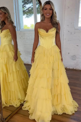 Vestido de fiesta Cathy sin tirantes, con volantes escalonados, corte A, corte A, abertura lateral, de gasa, personalizado, con cremallera en la espalda 