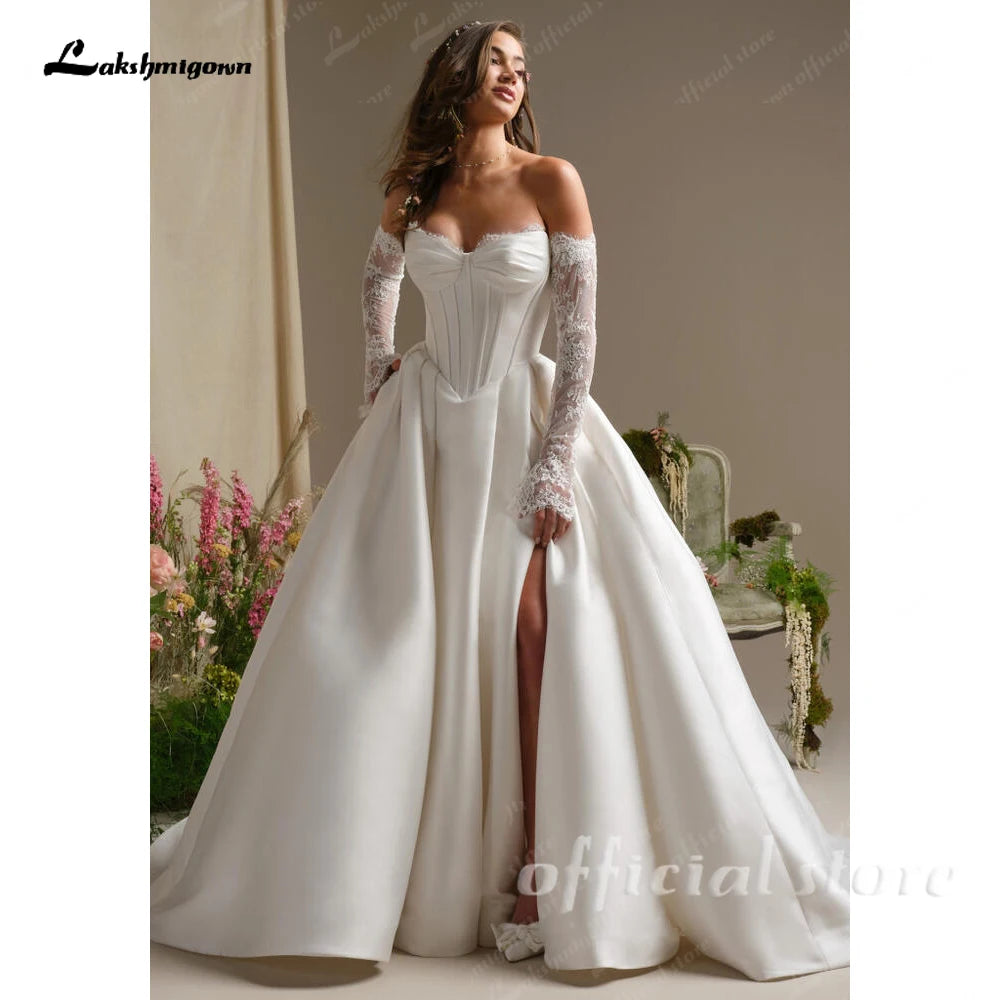 ZapDress A Line Satin Wedding Dress 2026 New Off the Shoulder Lace Long Sleeves Wedding Gown Corset Bridal Dress Customized