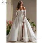 ZapDress A Line Satin Wedding Dress 2026 New Off the Shoulder Lace Long Sleeves Wedding Gown Corset Bridal Dress Customized