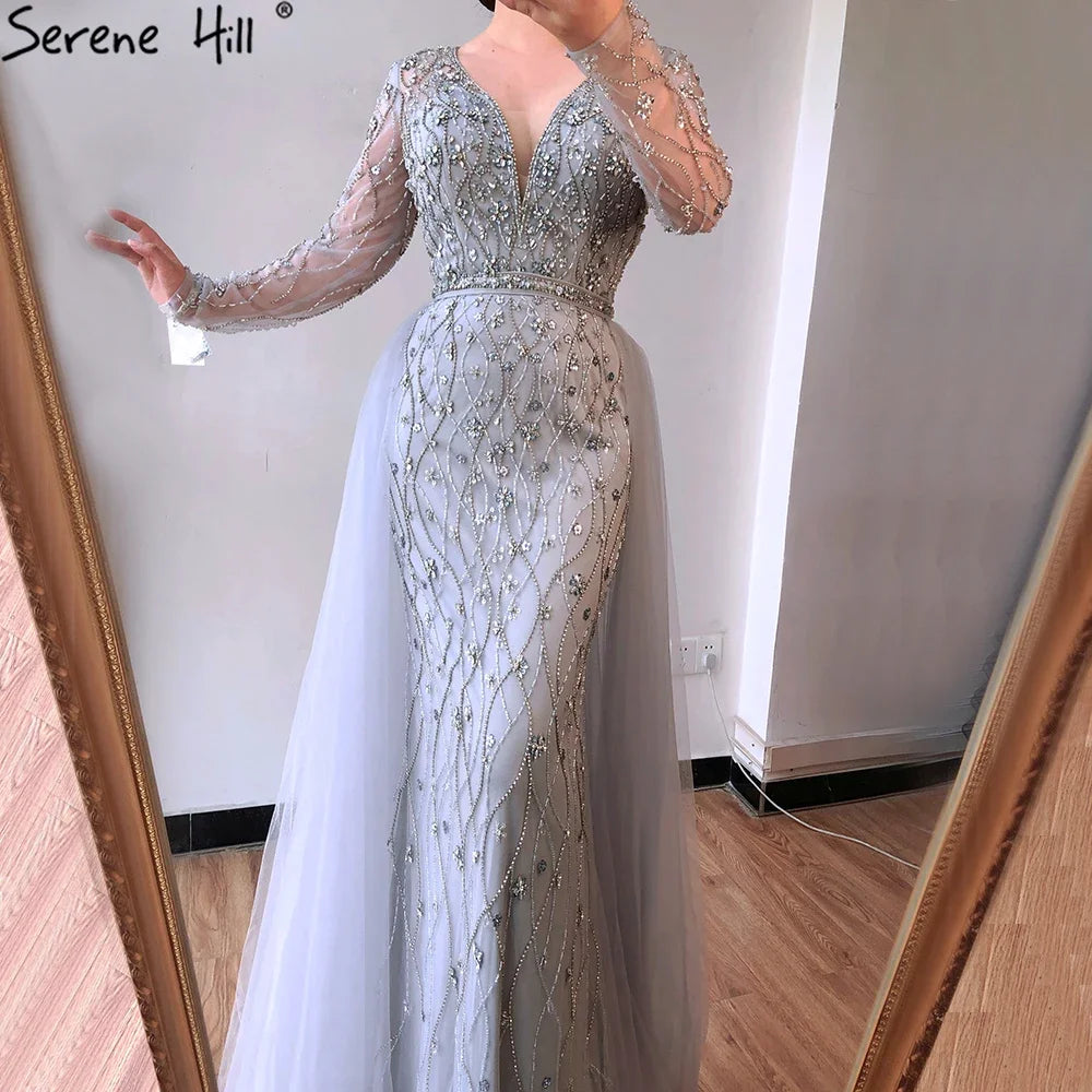 Zapdress Lilac V-Neck Long Sleeves Mermaid Beaded Evening Dress Detachable Overskirt Party Gown for Women (ZD17366)