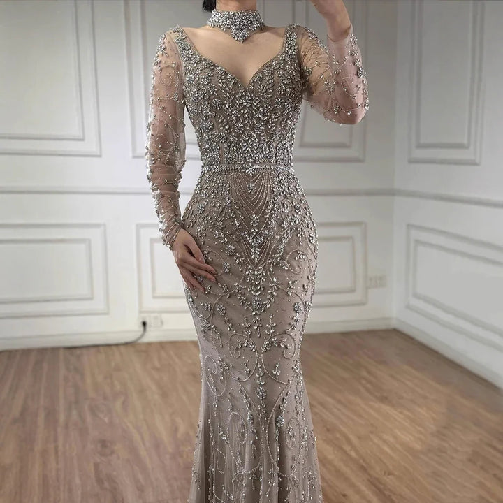 Serene Hill Customized Turquoise Evening Dresses with Neck Lace 2026 Long Sleeves Mermaid Beaded Elegant Party Gowns DLA73042B