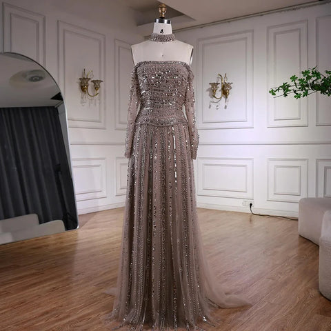 Luxury Caramel Off Shoulder Beaded Mermaid Evening Dress Long Sleeves LA73053