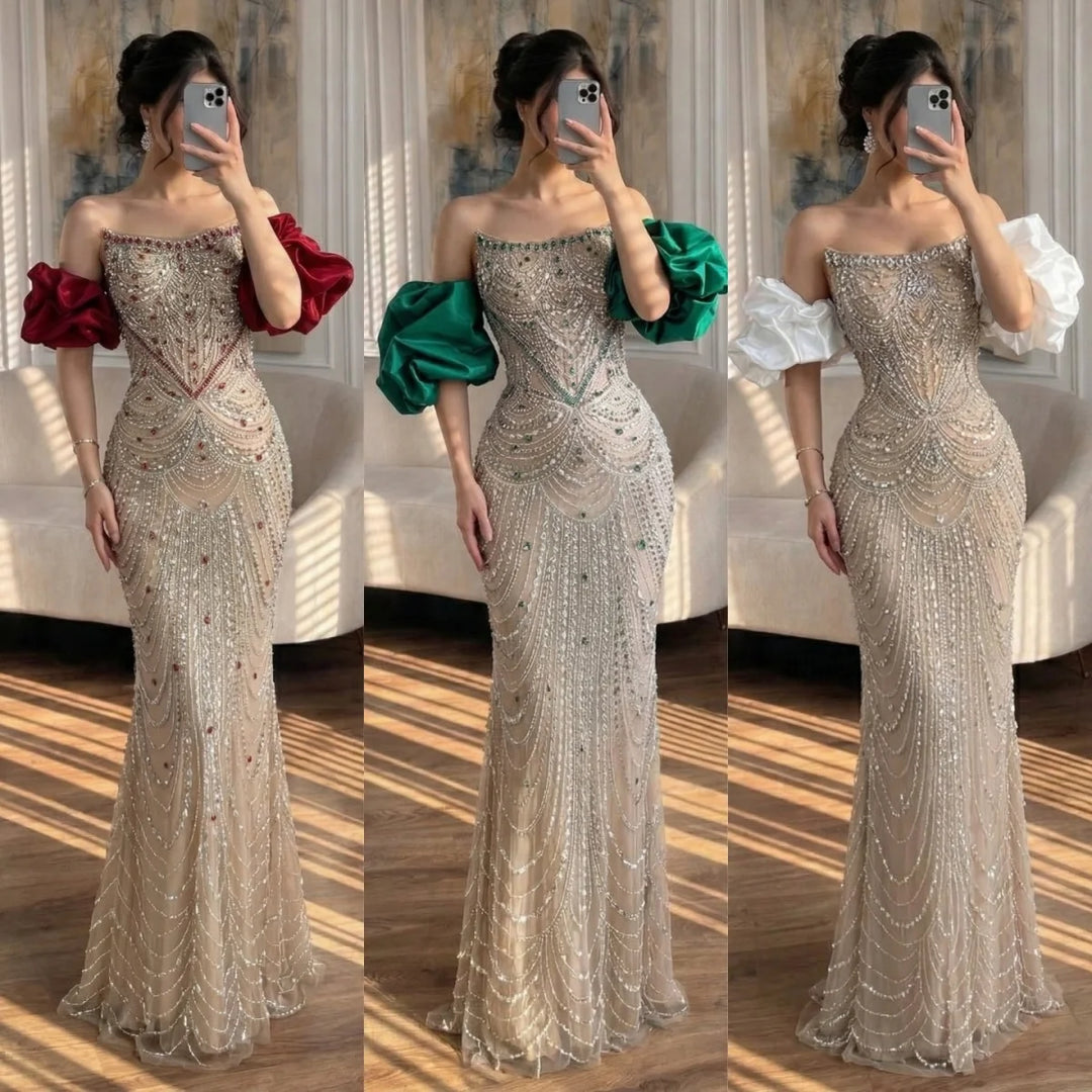Luxury Beaded Evening Dresses with Elegant Puff Sleeves Pearl Beaded Adorned Design Zapdress DLA72903 Customized