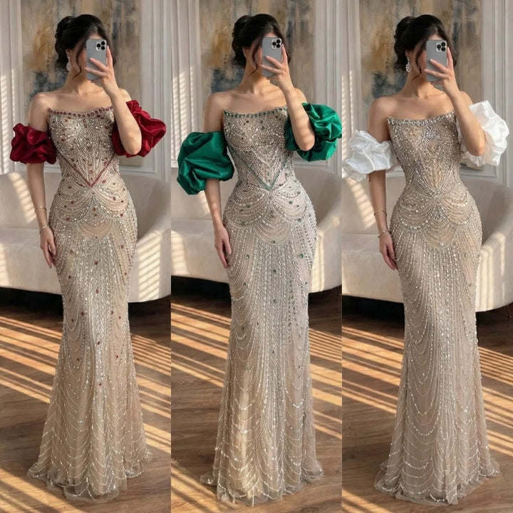 Luxury Beaded Evening Dresses with Elegant Puff Sleeves Pearl Beaded Adorned Design Zapdress DLA72903 Customized