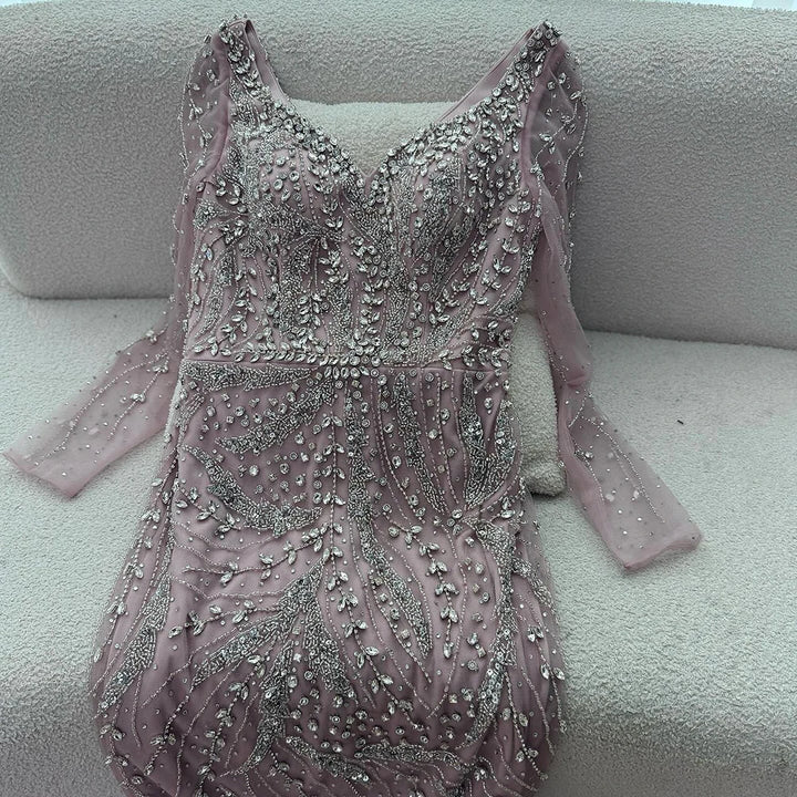 Serene Hill Pink V-neck Long Sleeves Mermaid Luxury Beaded Evening Dress 2026 Wedding Party Gowns DLA73191 Customized