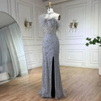 Zapdress Customized 2025 Gray Halter Feathers Beaded Mermaid High Split Evening Dresses Formal Party Gowns for Women (ZD17379)