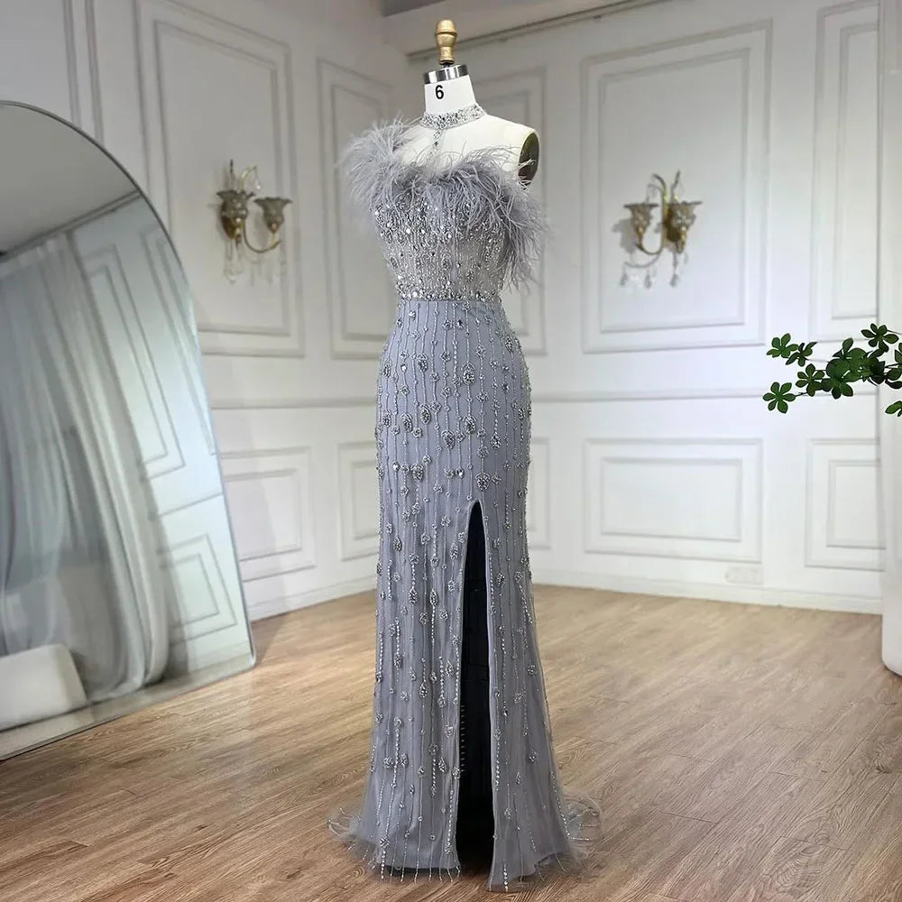 Zapdress Customized 2025 Gray Halter Feathers Beaded Mermaid High Split Evening Dresses Formal Party Gowns for Women (ZD17379)
