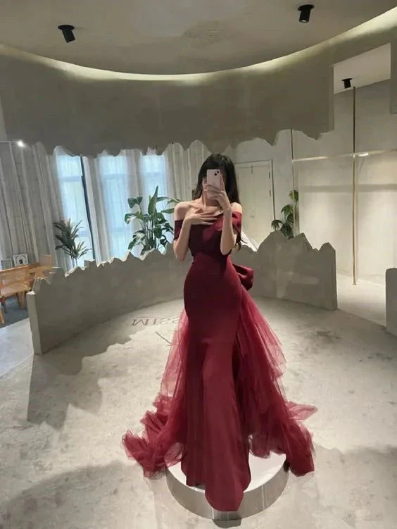 Mermaid Off Shoulder Evening Dress with Bow Burgundy Prom Dress Y7181 by simplepromdress