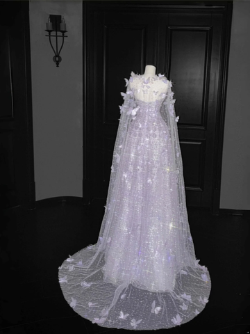 Pretty Lilac Tulle Beaded Appliques A Line Prom Evening Dress Formal Evening Dress Y8657