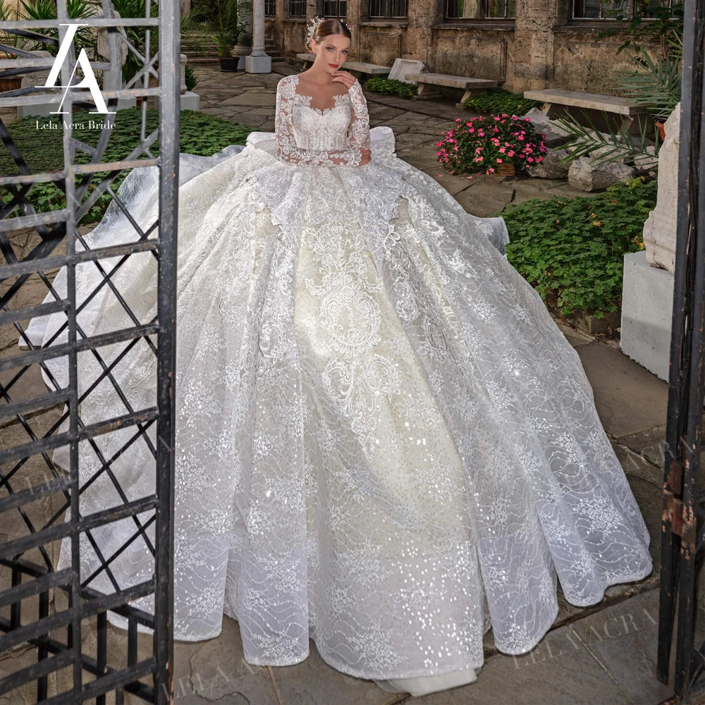 LelaAcra Long Sleeve Ball Gown Wedding Dress 2026 Appliques Sweetheart Backless Princess Bride JK60 customized Vestido de Noiva