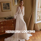 HERBURN Charming A-line Wedding Dresses for Women Bride Lace Appliques Illusion Puff Sleeves Backless Robe De Mariee Customized