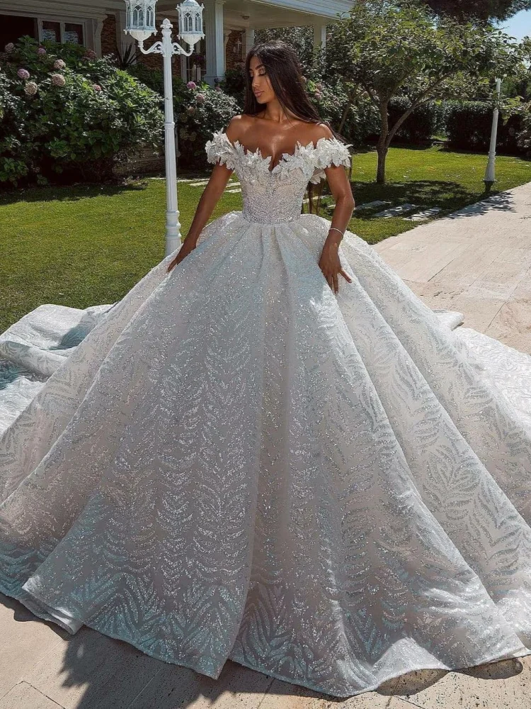 Custom 2026 Luxury Off Shoulder Ball Gown Wedding Dress Elegant 3D Floral Glitter Bridal Gown Plus Size Vestido De Novia