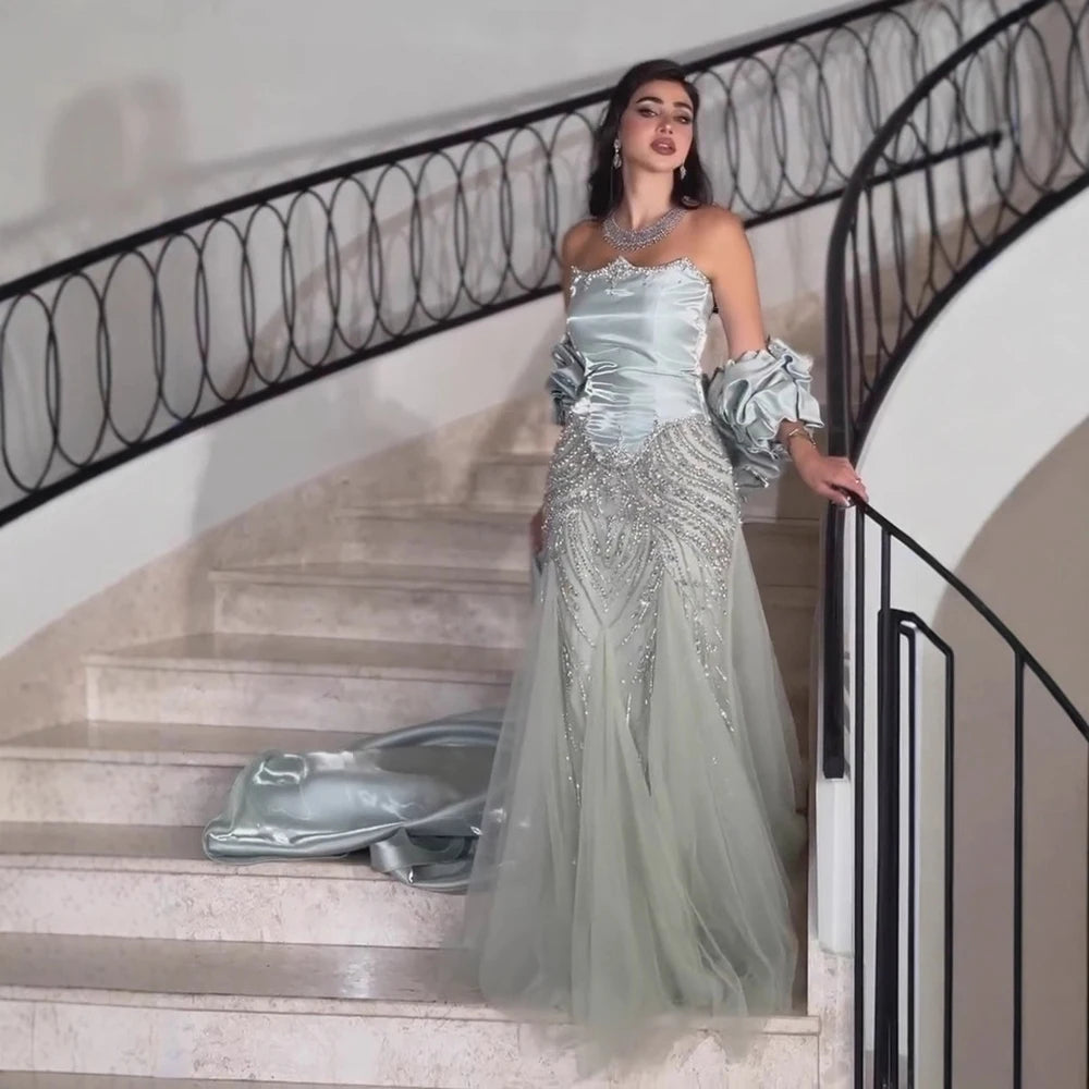 Zapdress Luxury Sage Green Mermaid Evening Dress with Cape 2026 Elegant Beaded Party Gowns for Women DLA73201 Customized (ZD17322)