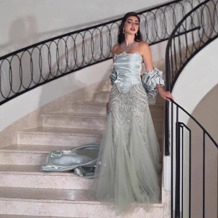 Serene Hill Luxury Sage Green Mermaid Evening Dress with Cape 2026 Elegant Beaded Party Gowns for Women DLA73201 Customized