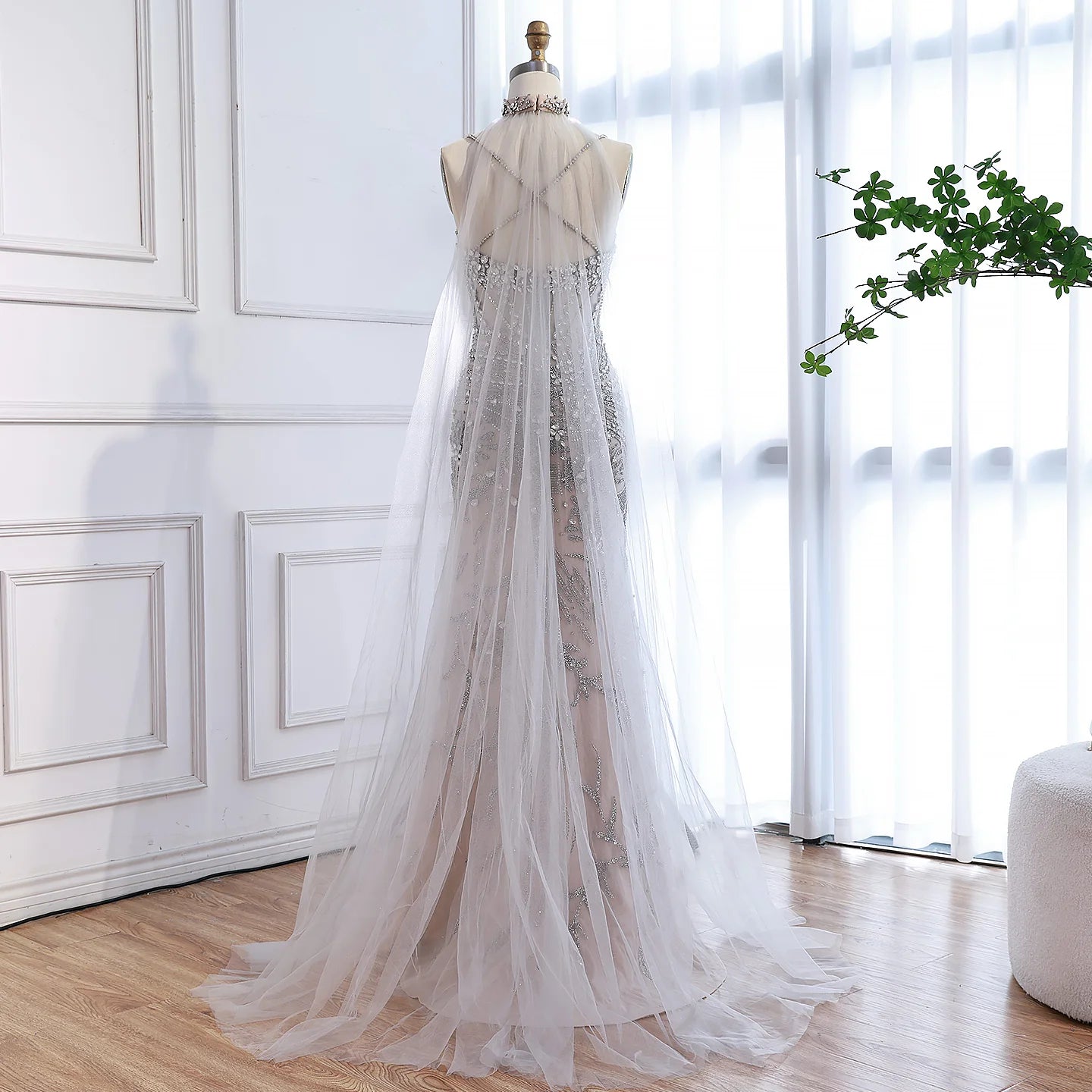 Zapdress Silver Nude Mermaid Beaded Evening Dress with Cape DLA73342 Wedding Party Gowns for Women 2026 Customized (ZD17344)