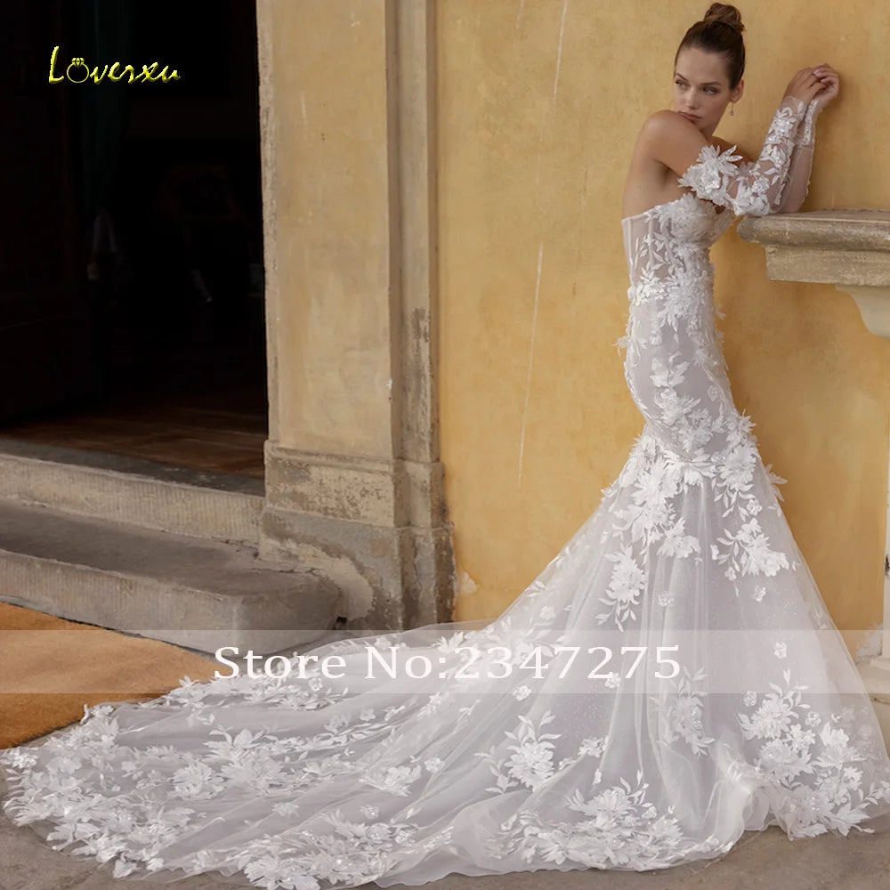 Loverxu Mermaid Sexy Wedding Dresses Strapless Long Sleeve Vestido De Novia Beading Appliques 3D Flowers Custom Made Bridal Gown