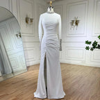 Serene Hill Customized Black Satin Mock Neck Mermaid Evening Dresses with Split Simple Party Gowns for Women DLA72476
