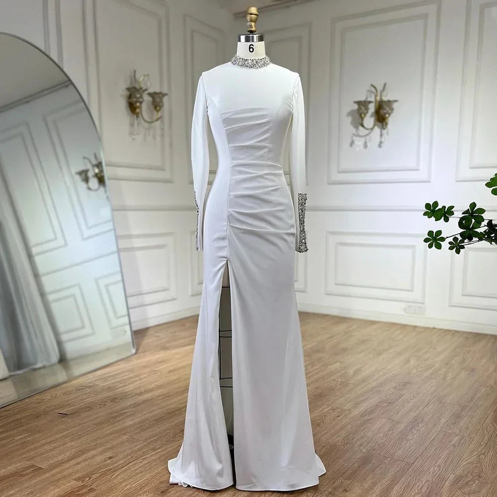 Serene Hill Customized Black Satin Mock Neck Mermaid Evening Dresses with Split Simple Party Gowns for Women DLA72476