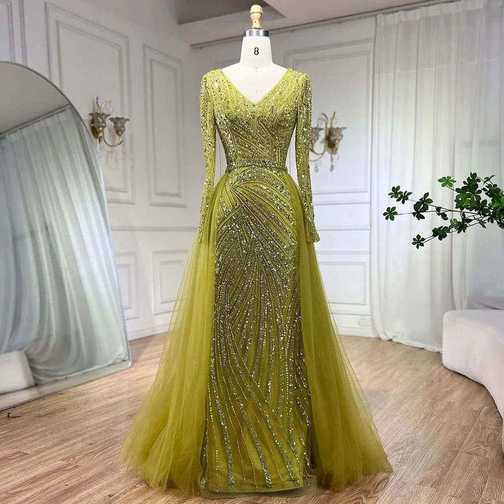Serene Hill Customized Blue Grey V-Neck Mermaid Beaded Overskirt Evening Dresses Elegant Party Gowns For Women DLA71750