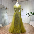 Serene Hill Customized Blue Grey V-Neck Mermaid Beaded Overskirt Evening Dresses Elegant Party Gowns For Women DLA71750
