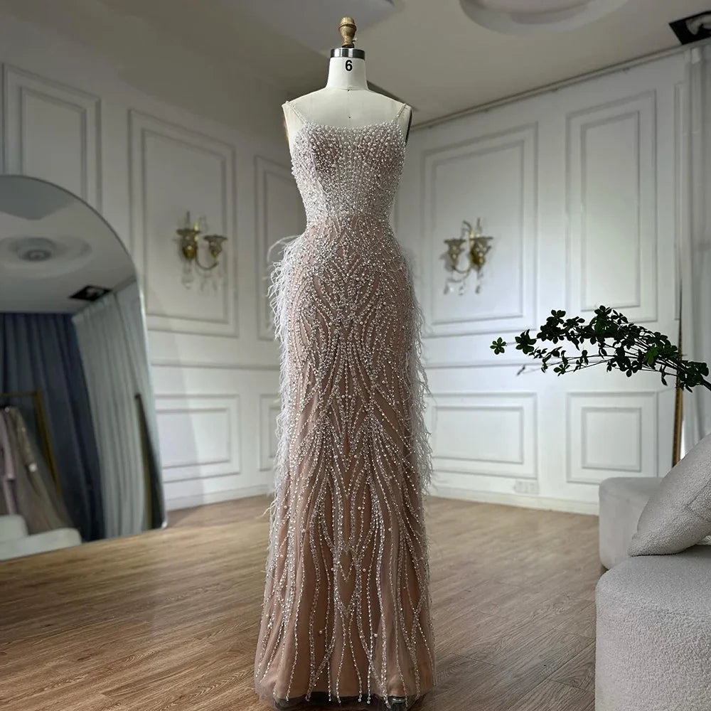 Zapdress White Nude Spaghetti Strap Feathers Beaded Mermaid Evening Dress Party Gown for Women DLA72823 Customized (ZD17377)