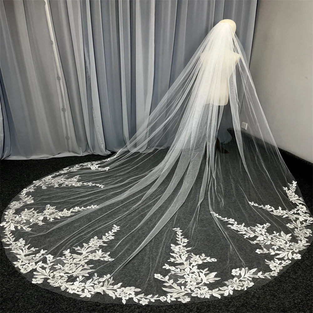 Real Photos Long Lace Appliques Wedding Veil White Ivory Cathedral 1 Layer Bridal Veil 3Meters Bride Veil