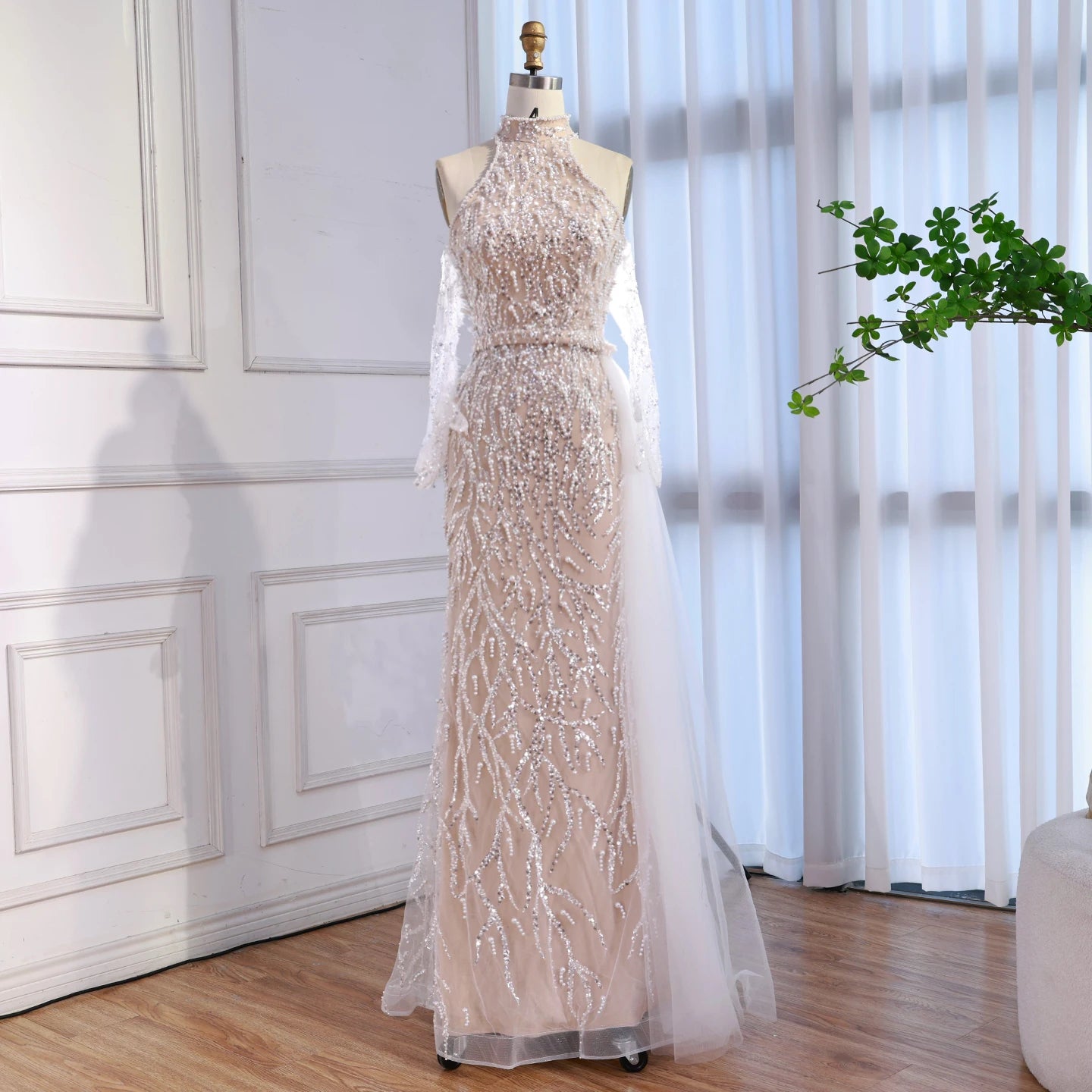 Zapdress White Nude Pearls Halter Mermaid Evening Gowns with Gloves Formal Party Dresses for Women 2026 Customized DLA72345F (ZD17349)