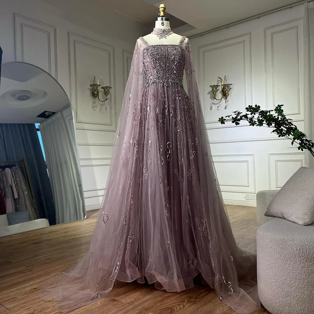 Serene Hill Customized 2025 Wine Red A Line Cape Sleeves Luxury Beaded Evening Dresses Formal Party Gowns for Women DLA72764
