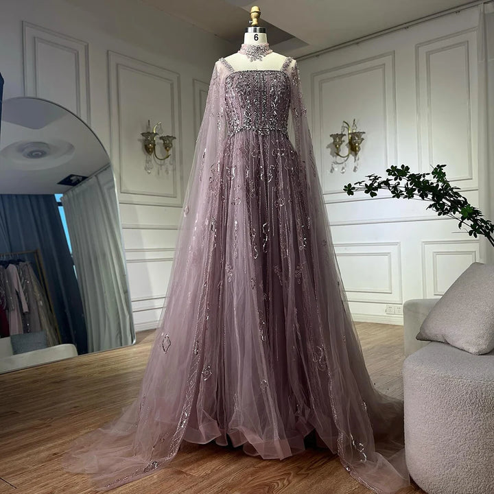 Serene Hill Customized 2025 Wine Red A Line Cape Sleeves Luxury Beaded Evening Dresses Formal Party Gowns for Women DLA72764