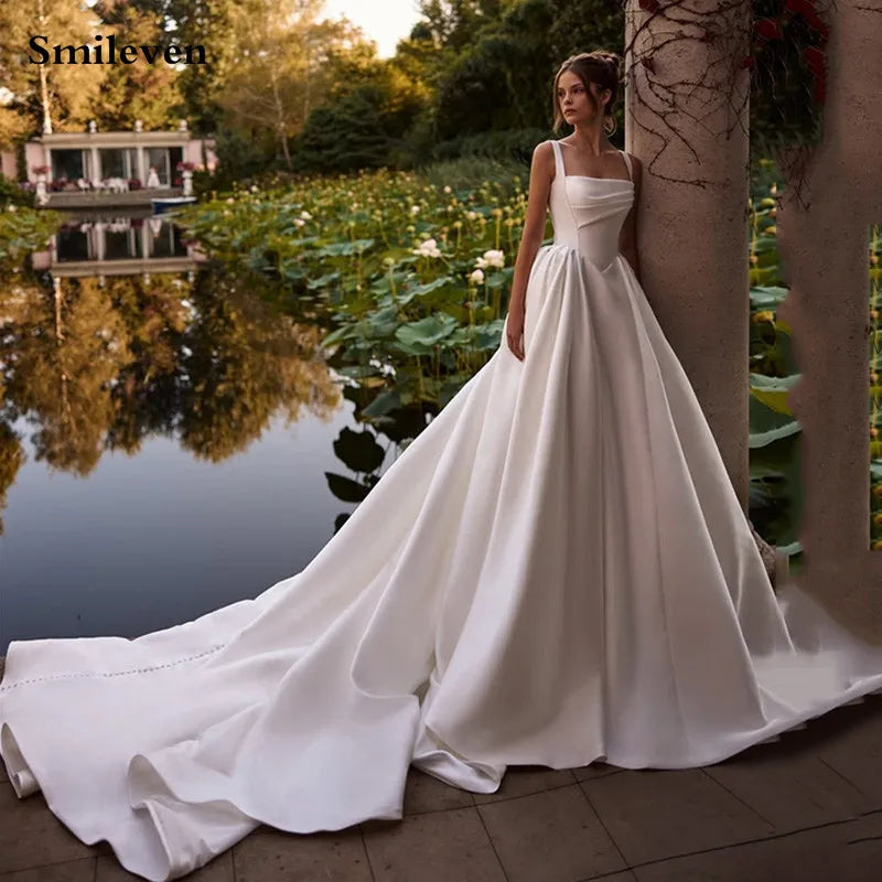 Smileven Spaghetti Strap Satin Wedding Dress A Line Bride Gown Boat Neck Princess Vestido De Novia Wedding Gowns Customized