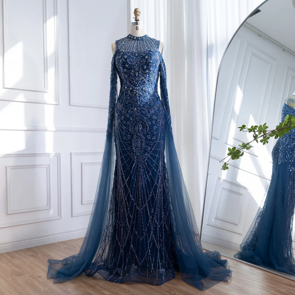 Zapdress Navy Blue O-neck Cold Shoulder Mermaid Beaded Evening Dress Party Gowns with Cape Sleeves Customized (ZD17373)