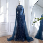 Zapdress Navy Blue O-neck Cold Shoulder Mermaid Beaded Evening Dress Party Gowns with Cape Sleeves Customized (ZD17373)