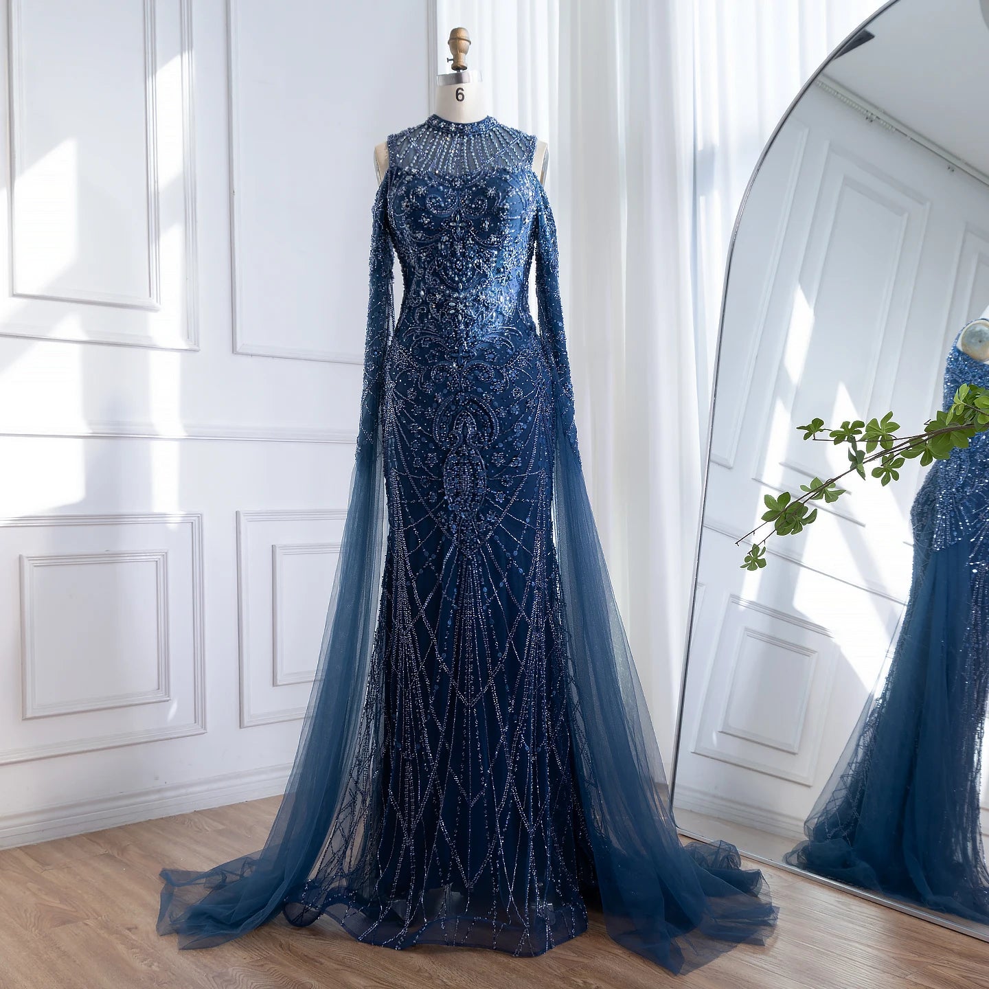 Zapdress Navy Blue O-neck Cold Shoulder Mermaid Beaded Evening Dress Party Gowns with Cape Sleeves Customized (ZD17373)