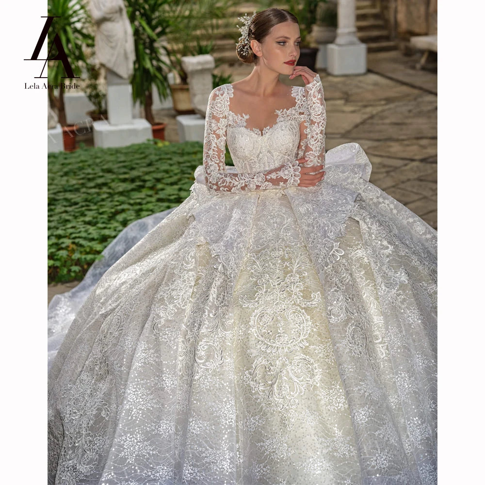 LelaAcra Long Sleeve Ball Gown Wedding Dress 2026 Appliques Sweetheart Backless Princess Bride JK60 customized Vestido de Noiva