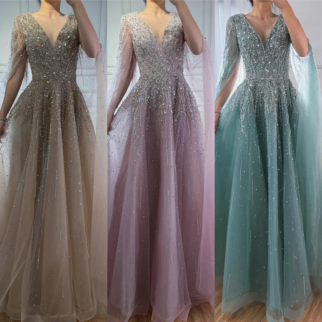Serene Hill 2026 Customized Pink Luxury Beaded A Line Evening Dress with Cape Sleeves Party Gowwns for Wedding Guest DLA73269