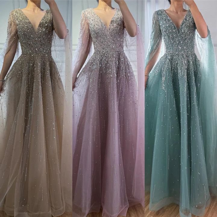 Serene Hill 2026 Customized Pink Luxury Beaded A Line Evening Dress with Cape Sleeves Party Gowwns for Wedding Guest DLA73269