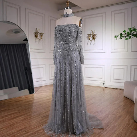 Luxury Caramel Off Shoulder Beaded Mermaid Evening Dress Long Sleeves LA73053