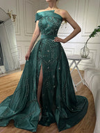 Zapdress Customized 2024 Green One-Shoulder Satin Evening Gown Beaded Dress with Overskirt and Split for Women (ZD17391)
